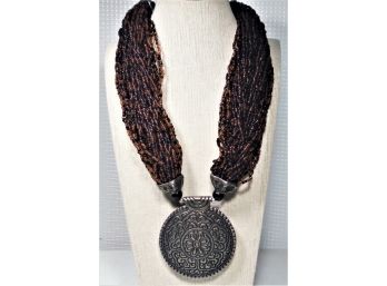 Silver Tone Ladies Necklace W Large Medallion Micro Glass Beads Multi Strand