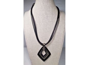 Leather Multi Strand Designer Necklace W Enamel Geometric Pendant