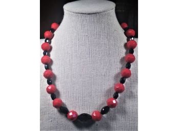 Art Deco Opaque Red Faceted Glass Beaded Necklace W Black Spacers