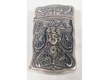 Modern Silver Tone Metal Hinged Match Safe Art Nouveau Female Figure