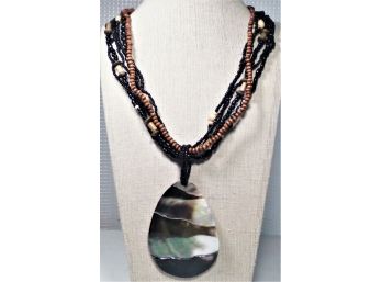 Designer Multi Strand Beaded Necklace W Mother Of Pearl Abalone Shell Pendant