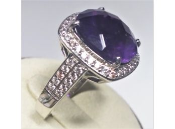 Modern Sterling Silver Amethyst & Gemstone Ladies Cocktail Ring About Size 8