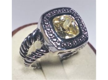 Modern Silver Tone Ladies Ring W Large Citrine Stone