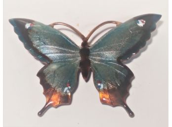 Mid Century Enamel On Copper Large Butterfly Brooch Colorful