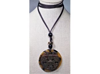 Designer Ladies Leather, Celluloid And Copper Gilt Metal Aztec Style Necklace