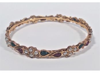Jeweled Gold Tone Indian Bangle Bracelet W Faux Pearls