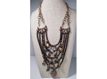 Designer Gold Tone Multi Strand Necklace W Coin Beads Leather Braided Cords Chico's