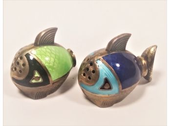 Mid Century Norway Sterling Silver Enamel Fish Salt And Pepper (one Tail Missing)