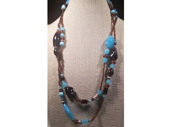 Opaque Blue Glass Beaded Necklace 40' Long W Amber Glass Beads
