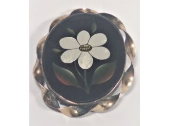 Victorian Gold Tilled Reverse Painting On Glass Mourning Flower Oval Brooch 1860s