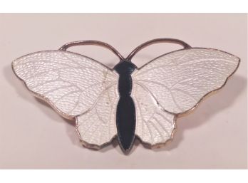Vintage White Black Enamel Butterfly Brooch