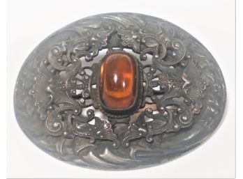 Victorian Fancy Silver Tone Large Sash Pin Brooch W Amber Colored Stone