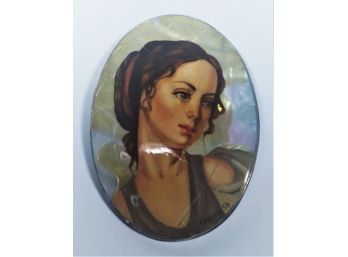 Russian Silver & Mother Of Pearl Hand Painted Portrait Brooch
