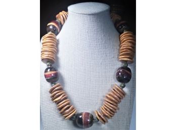 Contemporary Modern Art Pottery Beaded Necklace W Gold Tone Clasp
