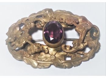 Large Victorian Gold Tone Sash Brooch Pin W Large Amethyst Colored Stone