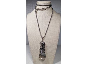 Designer Ladies Necklace Silver Tone Metal W Crystal Pendant
