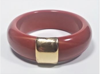 Vintage Red Bakelite Plastic Wide Bangle Bracelet W Gold Tone Accent