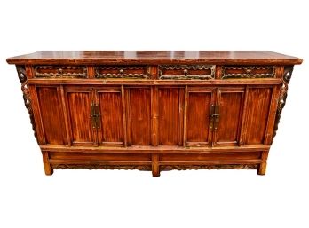 Carved Wood Buffet Sideboard With Original Brass Hardware