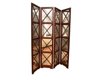Julia Gray Four Panel Wood And Smokey Mirrored Folding Room Divider