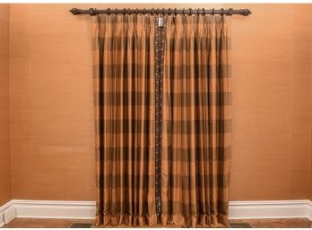 Pair Of Custom Plaid Pinch Pleated Lined Embroidered Trim Drapery Panels Complete With Rod And O Rings