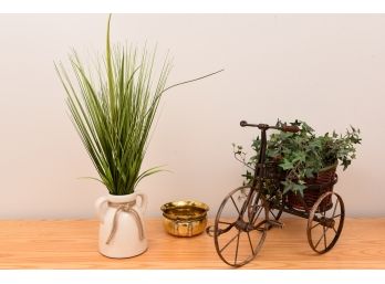 Miniature Tricycle Planter With Faux Plant, Brass Bowl And More