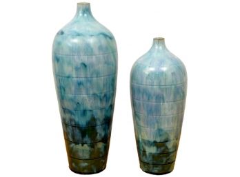 Pair Of Glazed Blue Pottery Vases