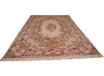 Hand Knotted French Aubusson Style Floral Design Area Rug With Fringe