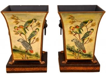 Pair Of Hand Painted Bird Design Castilian Imports Claw Feet Planters With Lion Head Ring Handles