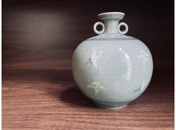 Gorgeous Pale Green Asian Motif Glazed Ceramic Bud Vase