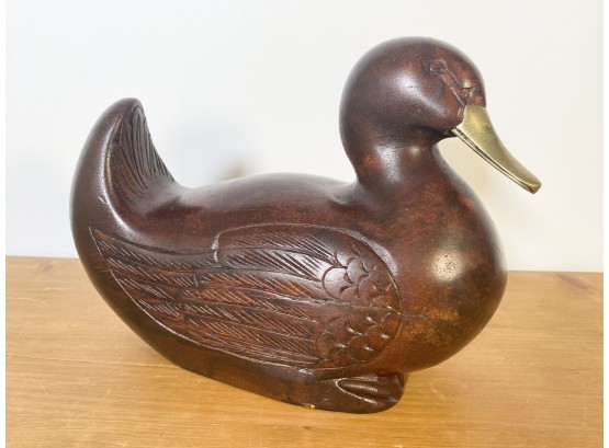 Vintage Carved Wooden Duck With Brass Beak