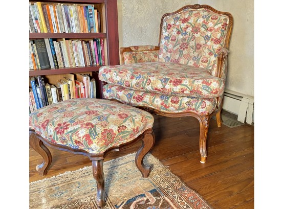 Vintage Carved Wood Bergere Chair & Ottoman