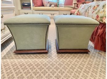 Pair Of Century Furniture Green Ultra Suede Storage Ottomans With Nailhead Trim