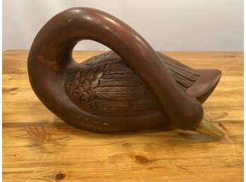 Large Vintage Solid Carved Stained Wood  Swan With Brass Beak