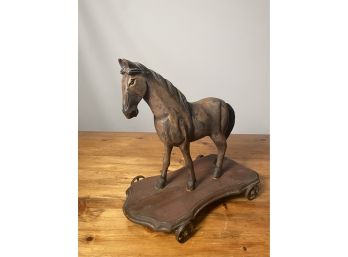 Hand Carved Wood Horse On Wheeled Wooden Base