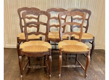 Vintage French Country Carved Oak Rush Seat Chairs - Set Of 5