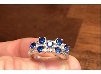 .925 Sterling Silver  0.75ctw Sapphire & AAA Grad CZs Ring Size 7