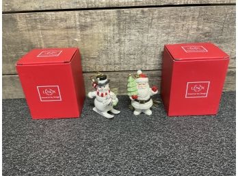 Pair Of Lenox Ornaments, Santa & Skiing Snowman With Original Box