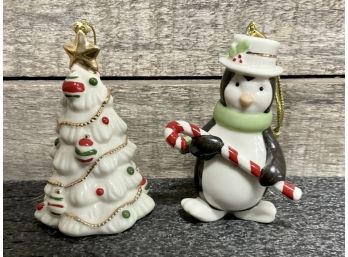 2 Lenox Ornaments, Christmas Tree & Penguin With Original Box