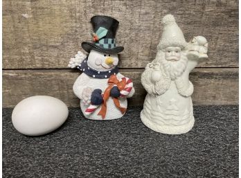 Christmas Decor Including Santa Bell, Ceramic Snowman & Egg