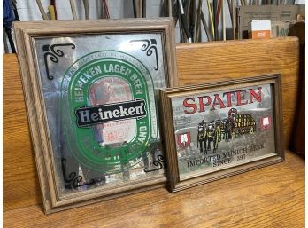 Vintage SPATEN  Beer Mirrored Bar Sign & Vintage HEINEKEN Beer Mirrored Bar Sign
