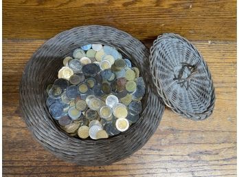Vintage Covered Basket Of Foreign Coins