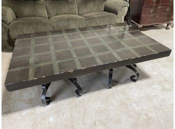 Large Coffee Table W/Brass Strap Accents & Wrought Iron Base