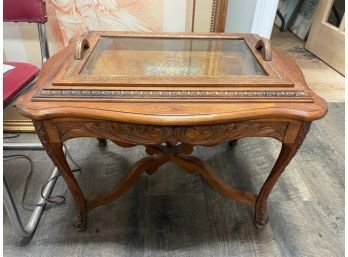 Antique Table With Inlaid Marquetry And Removable Center Glass Tray SR