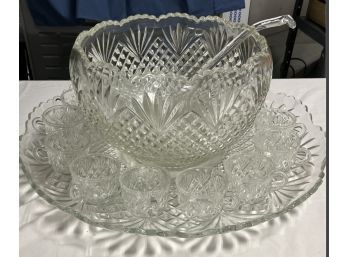 Beautiful Glass Punch Bowl Set- 13 Glass Cups, Large Ladle & Large Glass Under- Platter   E3
