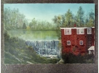 Oil Painting On Canvas, Signed, Former New Canaan, CT Red Barn On Lake Dam Near Hoyt St.  (Stretcher Frame) WA