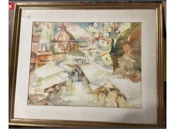 Framed Watercolor Painting By Murray Of A Town And Of Towns People Shopping