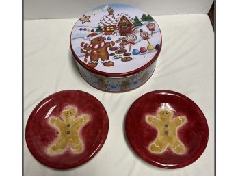 Santas Workbench Large Canister With Two Gingerbread Man Glass Cookie Plates D5