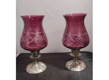 Lovely Vintage Candlestick Holders- Violet Etched Glass Hurricanes On Elegant Silver Toned Metal Bases C4