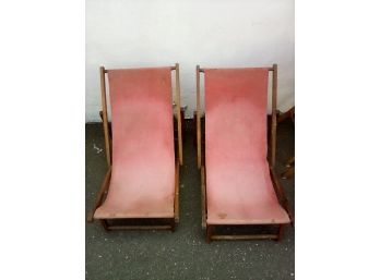 Lot 3 Two Beautiful Vintage Low Standing Stained Wood And Orange Canvas Foldable Deck / Beach Chairs   CAVE