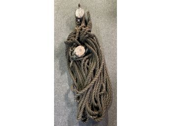 Antique Maritime Upton Wilton Wood Block Pulleys - 1 Single - 1 Double With Hook & Thick Nautical Rope Decor